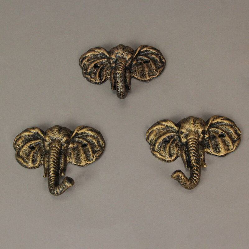 Set of 3 Cast Iron Elephant Antique Gold Wall Hooks - Stylish, Durable, and Functional Decorative Hooks for Organizing Hats, Towels, Coats, Keys, or Pet Leashes image number 4