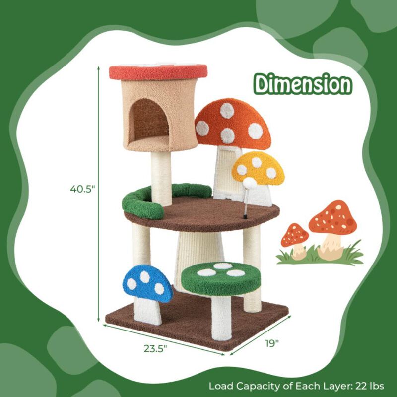 Hivvago 4-In-1 Mushroom Cat Tree with Condo Spring Ball and Sisal Posts-Multicolor