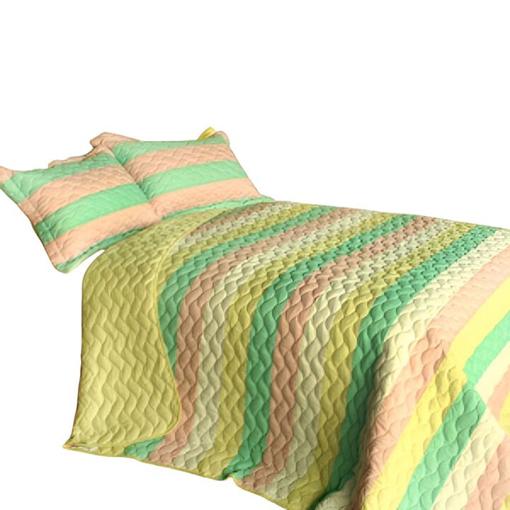 Green Queen Size 3-Piece Vermicelli Quilted Patchwork Quilt Set