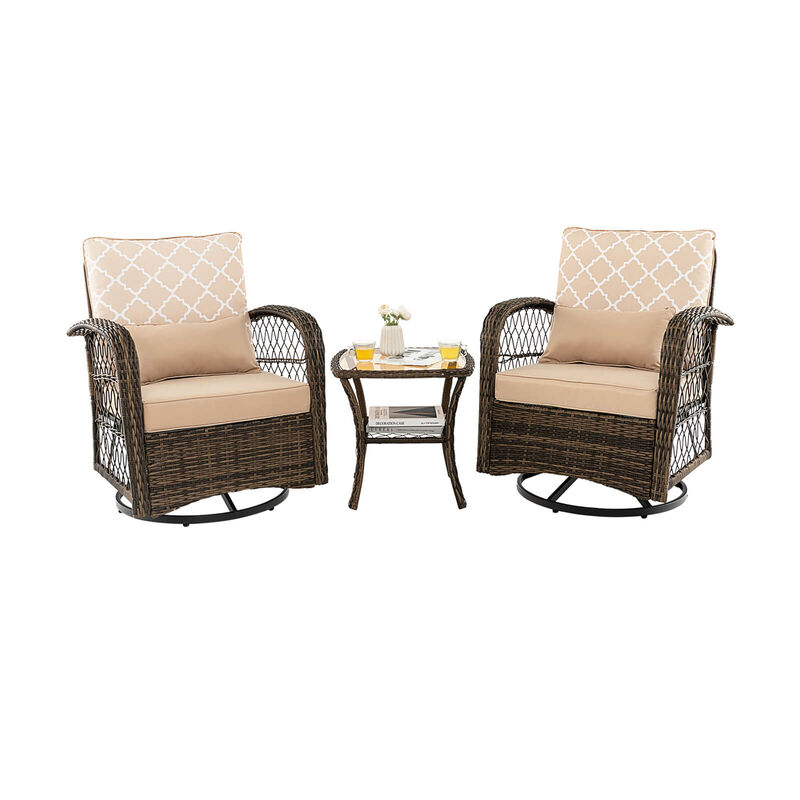3 Pieces Outdoor Wicker Conversation Set with Tempered Glass Coffee Table-Beige