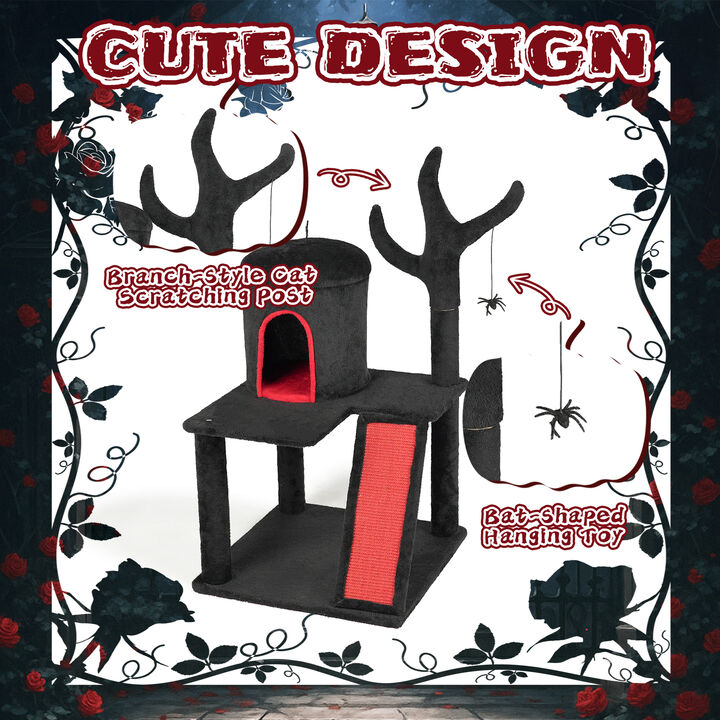 Halloween Cat Tower, Gothic Cat Tree with Spacious Condo, Scratching Ladder, Branch Post, and Spider Toy for Cats
