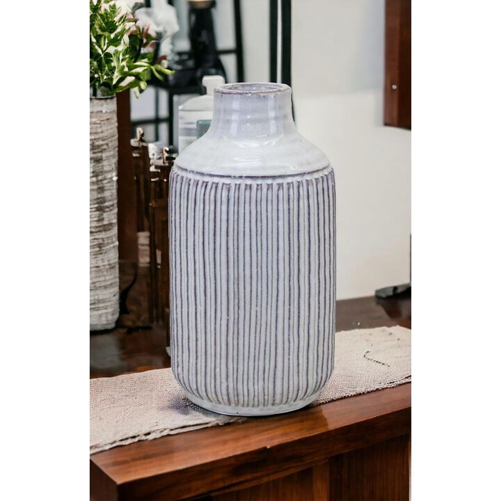 Hivvago 10 Inch Off White Terracotta Striped Cylinder Table Vase
