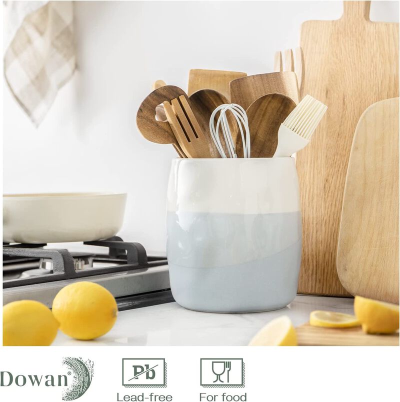 DOWAN Utensil Holder, 6.5″ Large Utensil Holder for Kitchen Counter, Ceramic Utensil Crock with Table-Protection Cork Mat, Blue and White