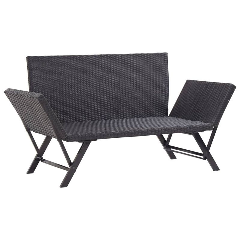 Outdoor Loveseat Bench, Black Fabric Cushions, Rattan, Steel, 51 Inch - Benzara
