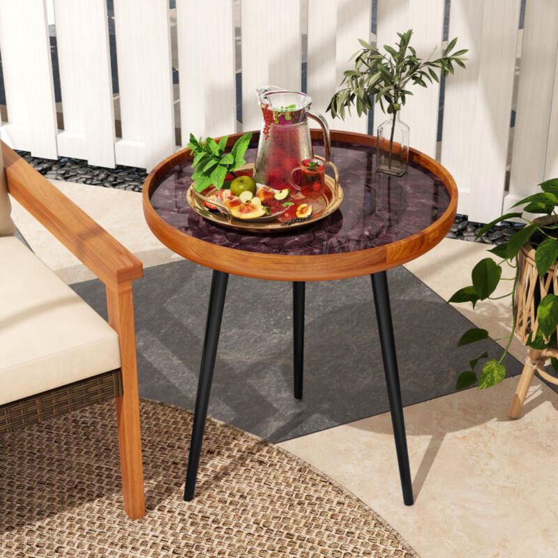 Hivvago 20 Inch Round End Table with Sea Shell Decoration and Epoxy Resin Finish