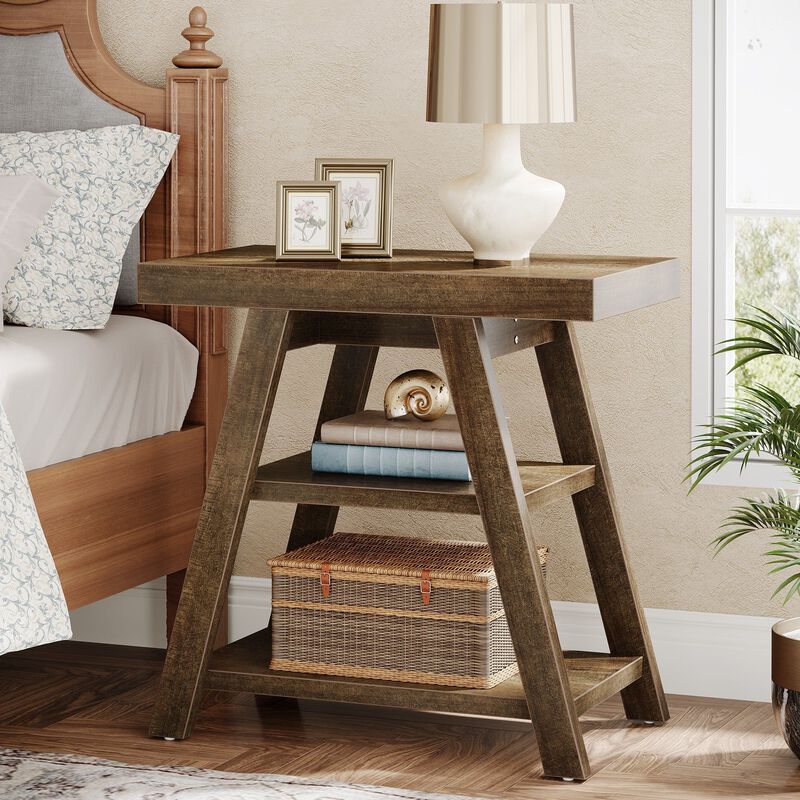 3-Tier Wood Side Table with Storage Shelf, End Table for Bedroom & Living Room - Rustic Brown image number 4