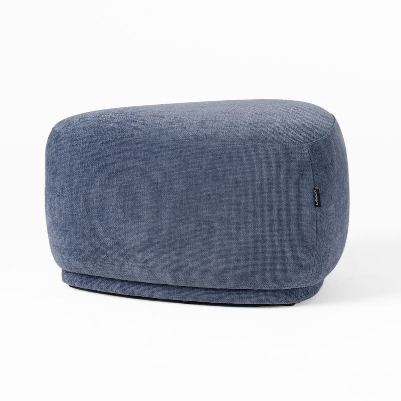 Reno Kini 26 Inch Ottoman, River Rock Shape, Blue Polyester, Wood Frame - Benzara