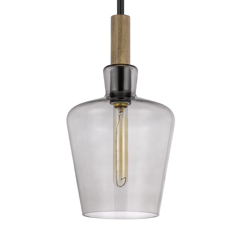 Pendant Light, Round Smoked Glass Shade, Brown Wood Accent, Black Metal image number 6