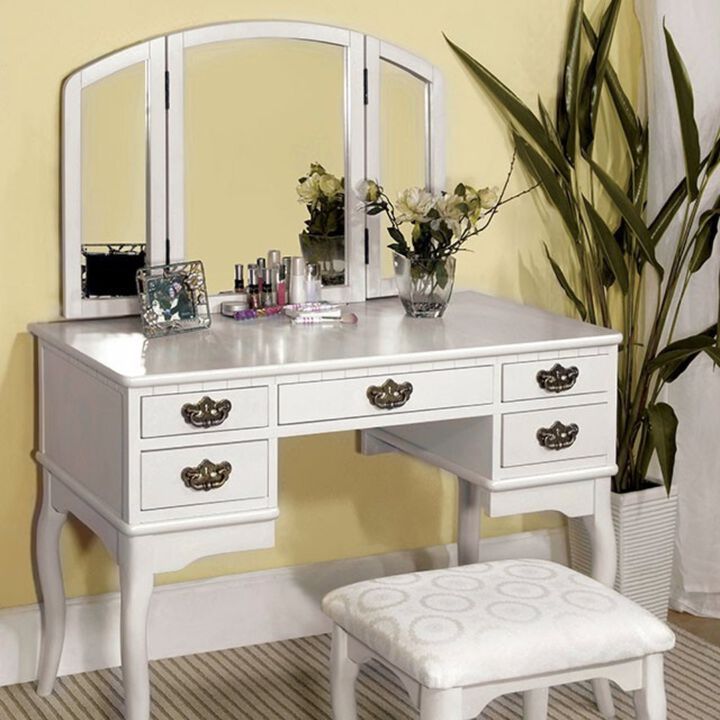 Elegant Traditional Vanity Table With Multiple Drawers And A Stool, White Finish-Benzara