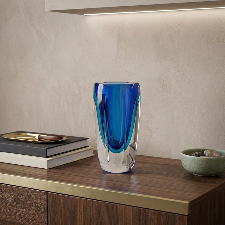 HomeRoots 6" Blue And Clear Cylinder Crystal Glass Table Vase