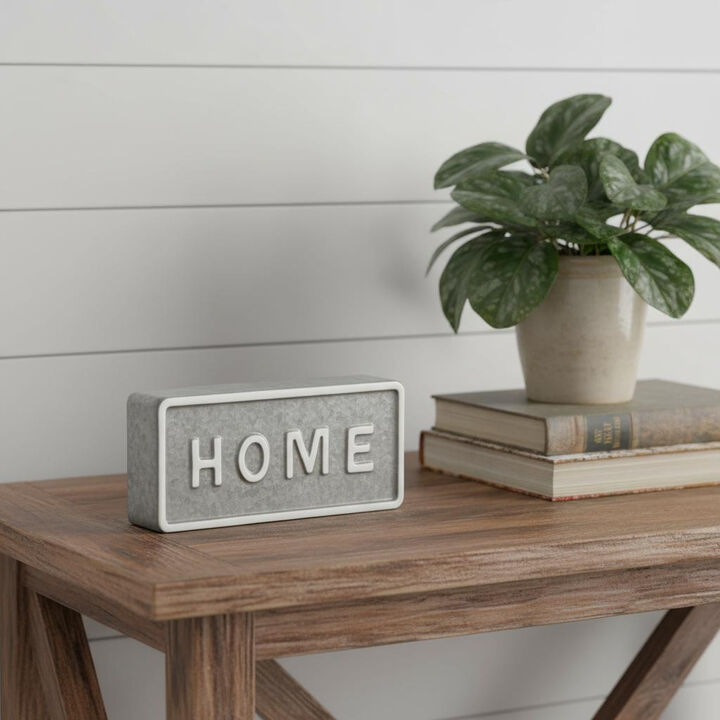 HomeRoots 4" Gray And White Metal Home Hand Painted Tabletop Sign