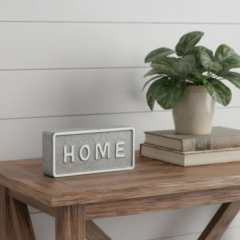 HomeRoots 4" Gray And White Metal Home Hand Painted Tabletop Sign image number 1
