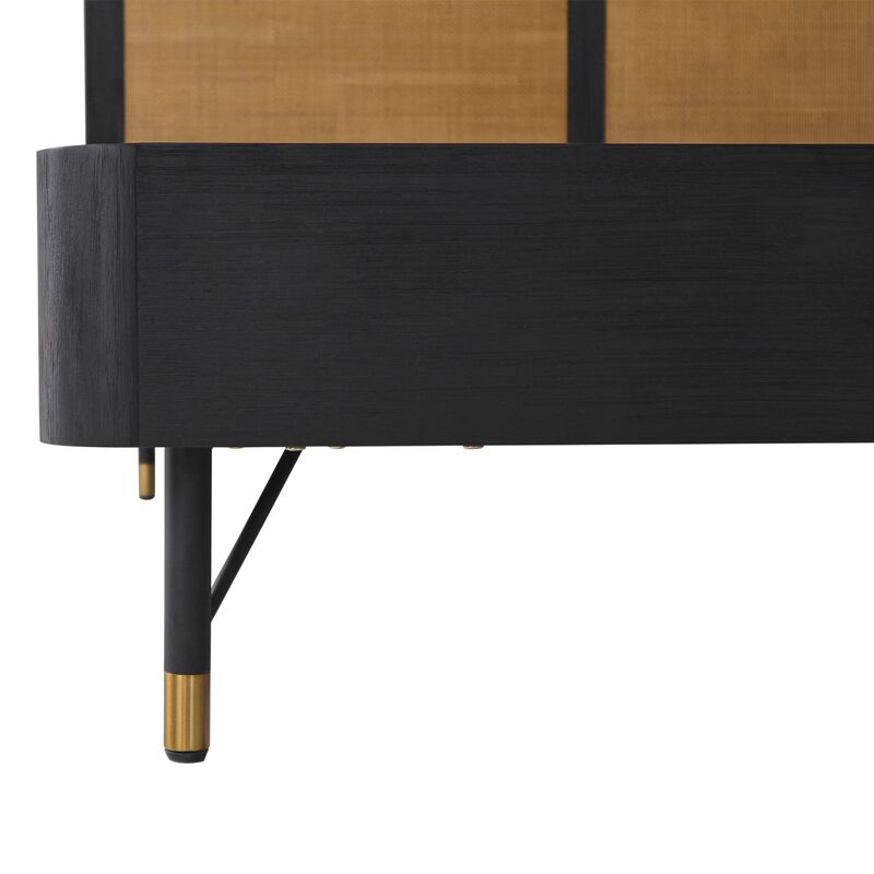 Theo 3pc Queen Bedroom Set w Rattan Headboard, 1 Nightstands, Black Acacia Wood