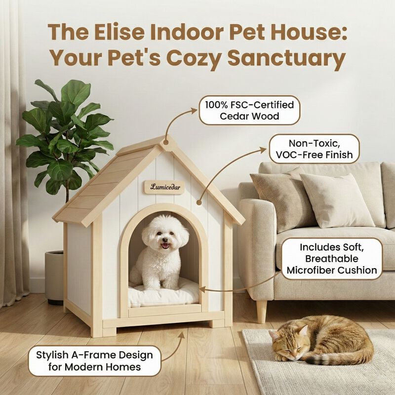 Solid Cedar Pet House, Cream Yellow Cabin Style Indoor Shelter for Small Dogs & Cats image number 4