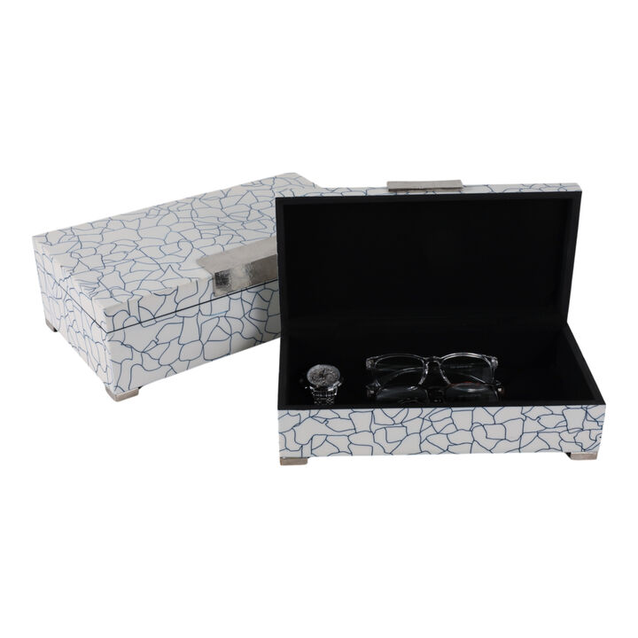 S/2 12/14" Squiggle Lines Footed Boxes, Navy/white