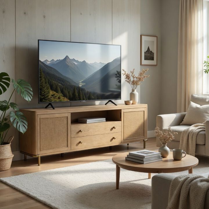 Fij TV Stand Media Console, Drawers, Rattan Cane Doors, Brown Wood 80 Inch