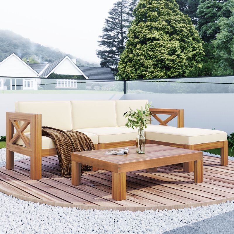 Whisen Natural Wood 5-Piece Patio Sectional Sofa Set with Cushions for Outdoor Backyard image number 2