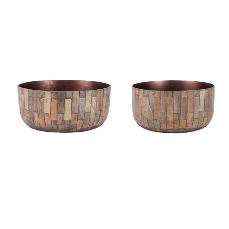 Set of 2 Round Wooden Bowl Planters for Indoor or Outdoor Plant Display.