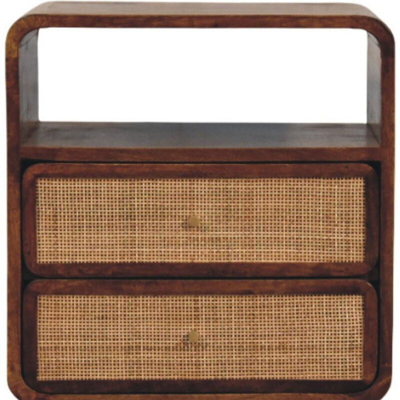 HomeRoots 22" Chestnut And Natural Solid Wood Cane Rattan Two Drawer Nightstand image number 2