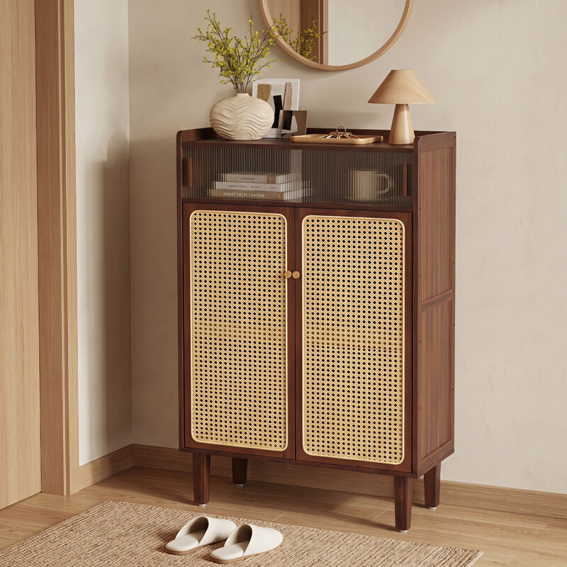 5-Tier Bamboo Shoe Cabinet with Woven Rattan Doors and Sliding Doors for Entryway image number 1