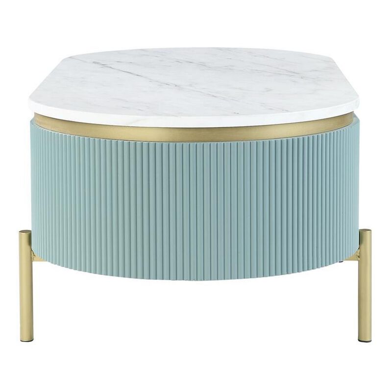 Ville 48 Inch Oblong Coffee Table, White Faux Marble Top, Teal Reeded Edges