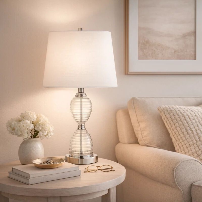 23 Inch Hourglass Ribbed Glass Base Table Lamp, Dimmer, Clear