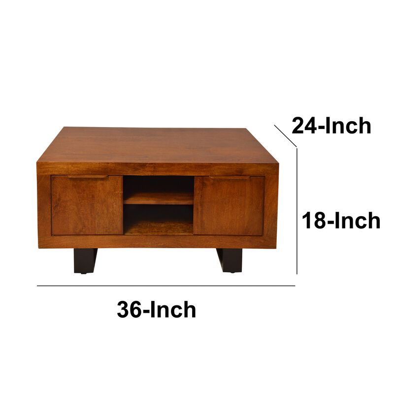 36 Inch Rectangular Wooden Industrial Coffee Table, Open Compartments and Sled Base, Brown-Benzara image number 7