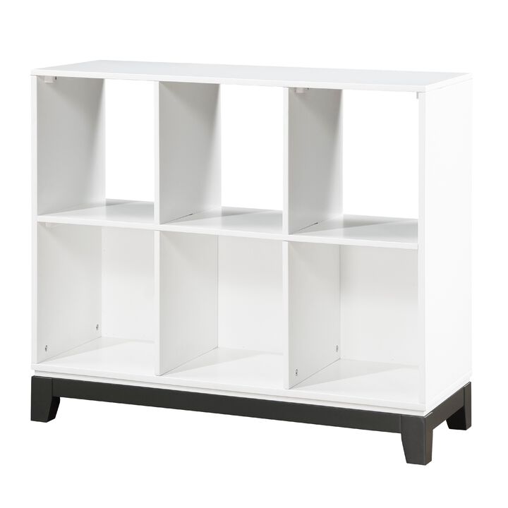 Thiem Bookcase, 6 Cubby Style Shelves, White, Black Veneer, 40 Inch - Benzara