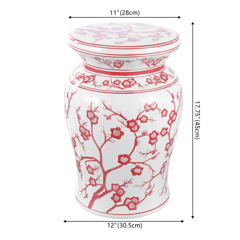 Cherry Blossom 17.75" Ceramic Garden Stool, White/Red
