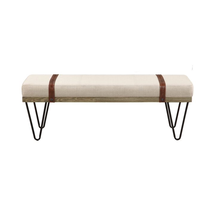 47 Inch Accent Bench, Faux Leather Straps, Black Hairpin Legs, Beige Fabric-Benzara