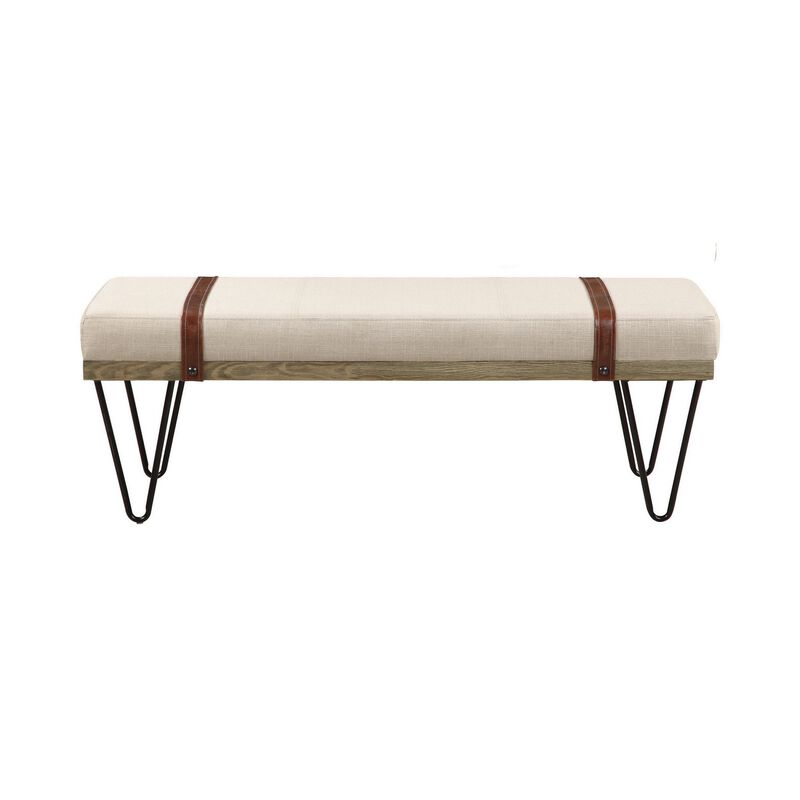 47 Inch Accent Bench, Faux Leather Straps, Black Hairpin Legs, Beige Fabric-Benzara