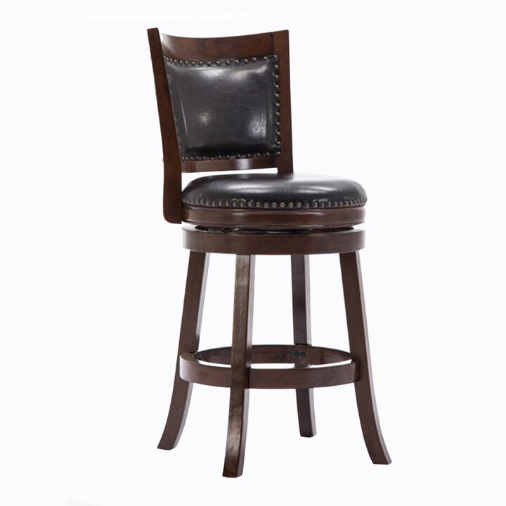 Nailhead Round Leatherette Counter Stool with Flared Leg, Brown and Black-Benzara
