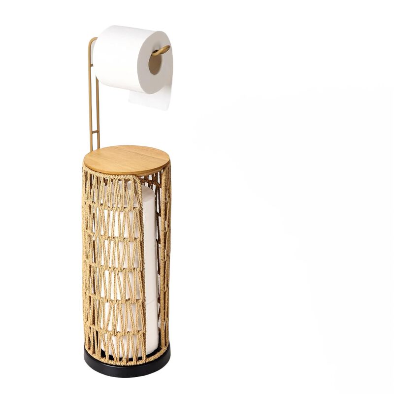 Freestanding Toilet Paper Holder with Storage,3 Rolls of Tissue Holder for Bathroom,Handmade Woven Toilet Paper Roll Holder Stand,Rattan Sturdy Boho Bathroom Decor Farmhouse Toilet Paper Storage