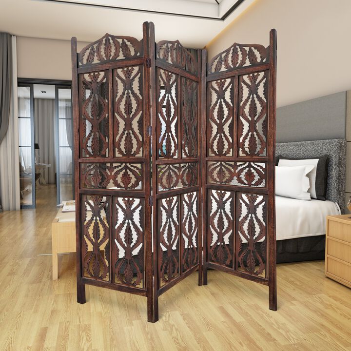 Decorative 3 Panel Mango Wood Screen with Abstract Carvings, Brown-Benzara