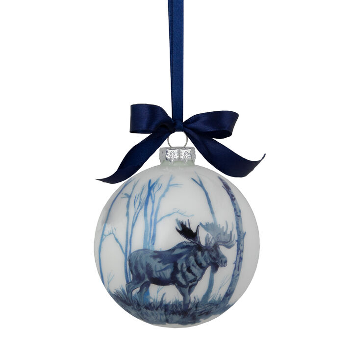 4" White and Blue Moose Glass Christmas Ball Ornament