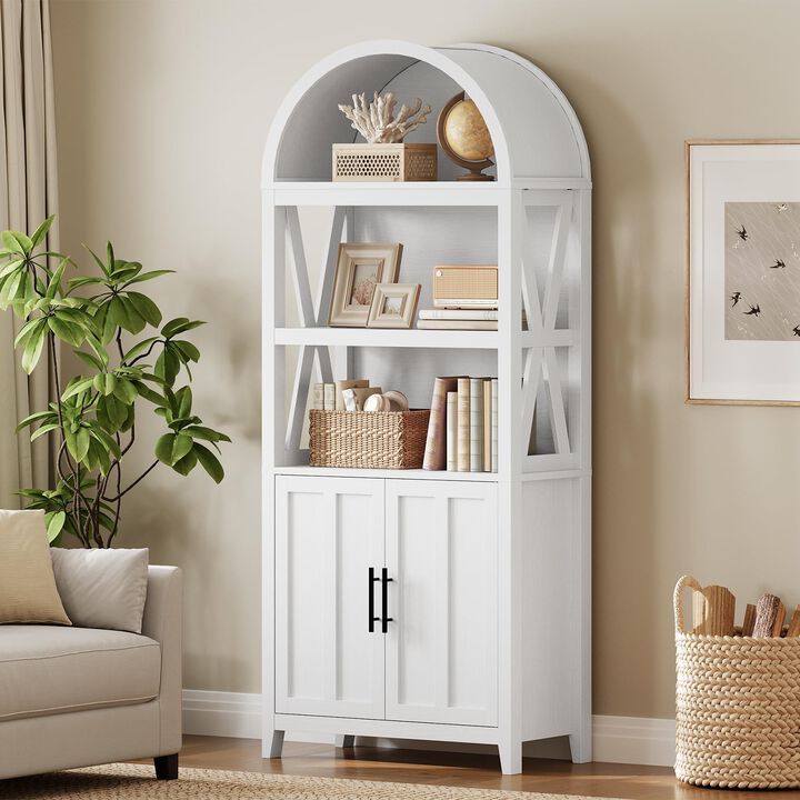 5 Tier Arched Bookshelf Modern Farmhouse Style, Wooden Storage Shelf-White
