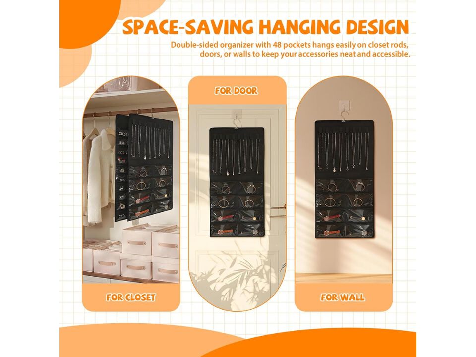 48 Pocket Hanging Jewelry Organizer Double Sided Closet Storage Holder