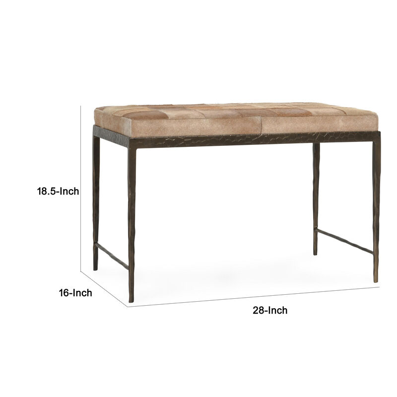 Leif Ottoman Bench with Brown Patchwork Leather Hide, Iron 28 Inch - Benzara