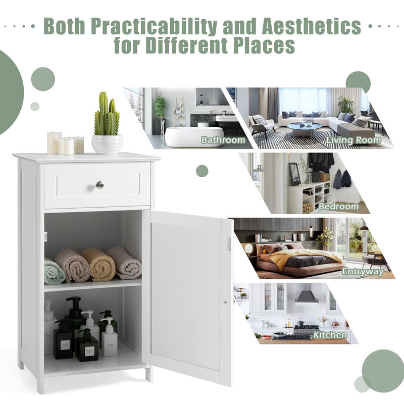 Costway Cabinet Bathroom Storage Floor Organizer Cupboard Drawer Shelf Bath Towel White