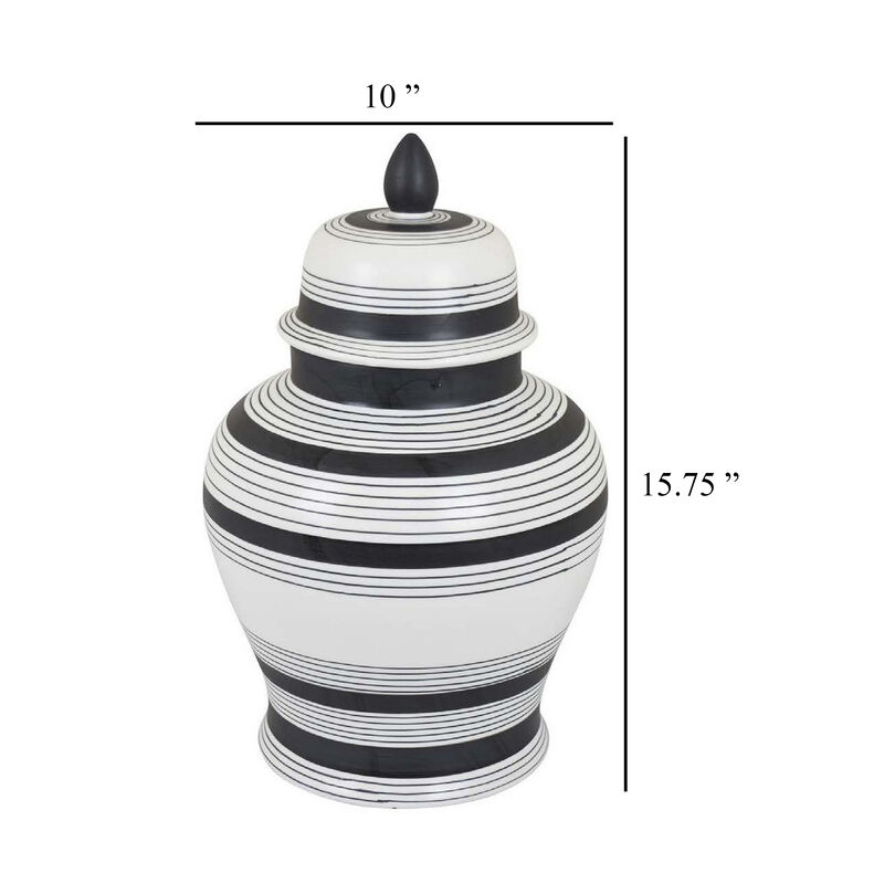Decorative Jar w Lid, Minimalist Contrast, White Blue Lines, 16 Inch - Benzara