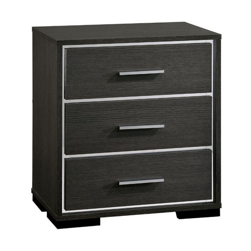 Contemporary Style Three Drawers Wooden Nightstand with Bar Handles, Dark Gray-Benzara image number 1