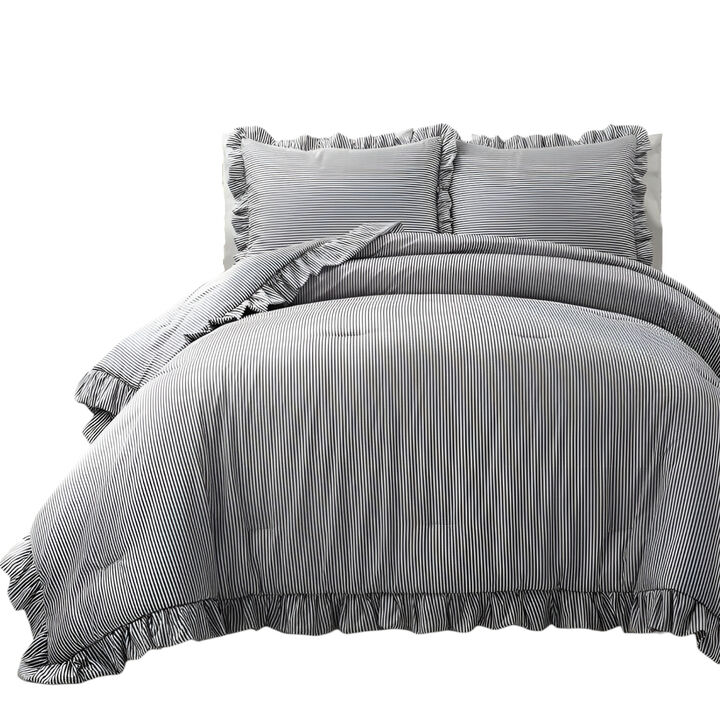 Reversible Stripe Ruffle Comforter Set – 3-Piece Soft Bedding for All Seasons