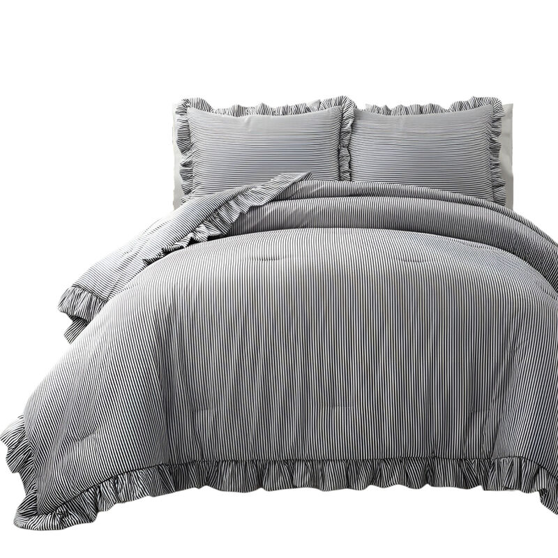 Reversible Stripe Ruffle Comforter Set – 3-Piece Soft Bedding for All Seasons