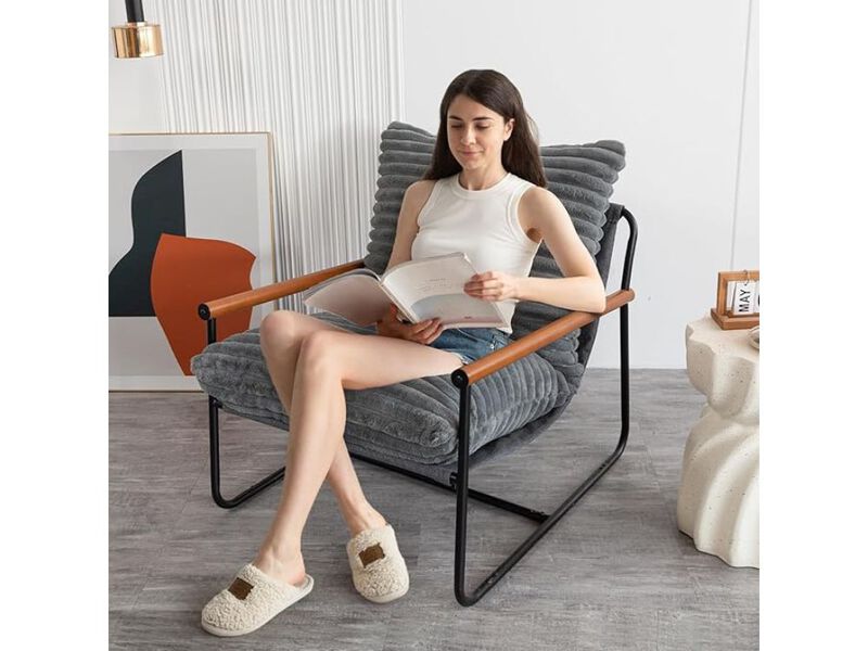 Accent Chair &ndash; Sherpa Boucle Mid‑Century Armchair with Wooden Arms & Metal Frame image number 2