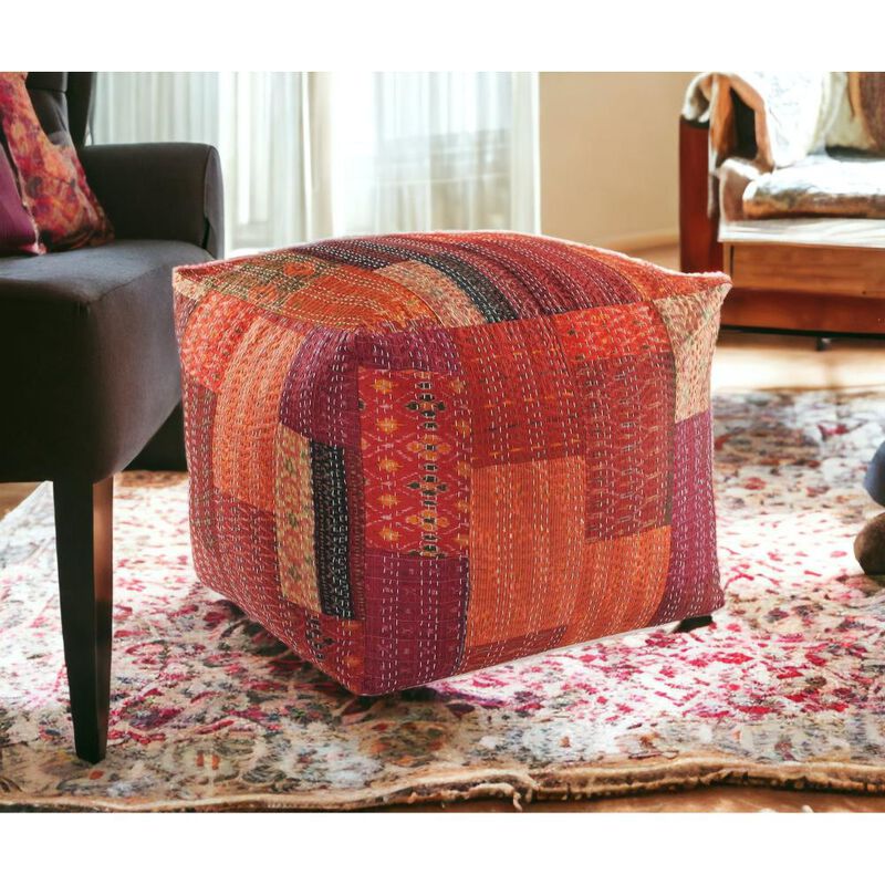 Hivvago 24 Inch Red Patchwork Pouf Ottoman
