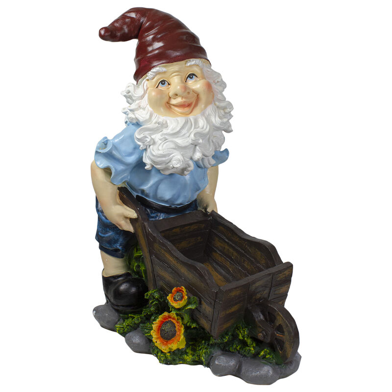 20" Blue and Brown Wheelbarrow Gnome Outdoor Garden Statue image number 0