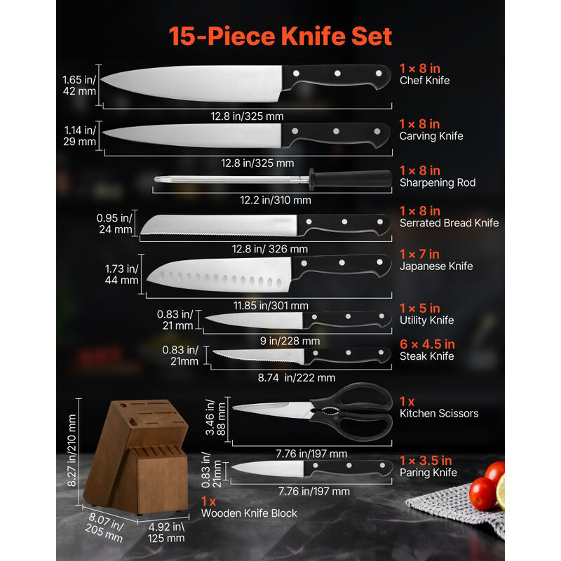 15 Piece Kitchen Knife Set with Block and Sharpener, Stainless Steel Cutlery Set image number 2