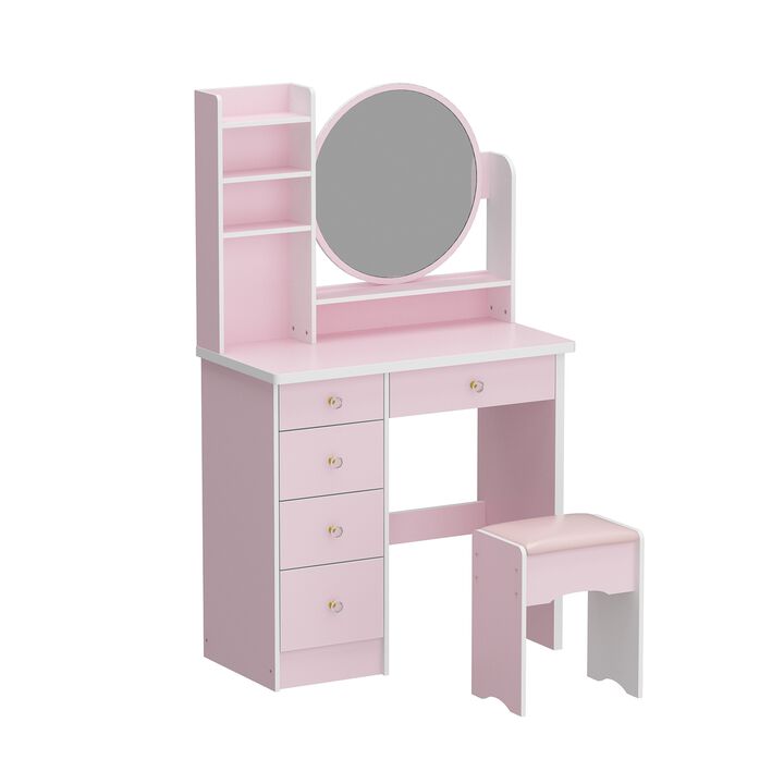 5-Drawers Pink Makeup Vanity Dressing Table Set with Stool, Mirror and Storage Shelves Girls Dressing Table