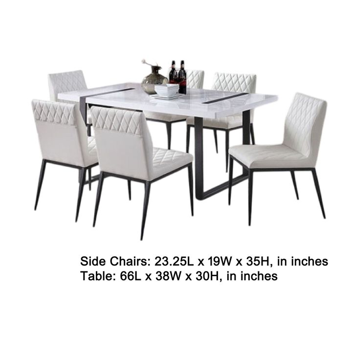Alz 7pc Dining Table Set, 6 White Faux Leather Upholstered Chairs, Black