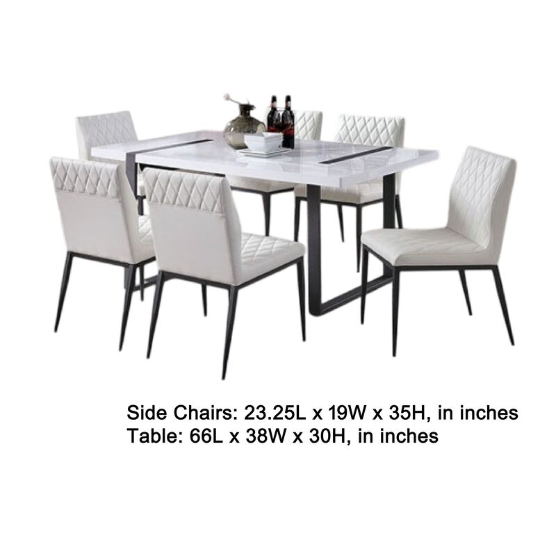 Alz 7pc Dining Table Set, 6 White Faux Leather Upholstered Chairs, Black image number 1